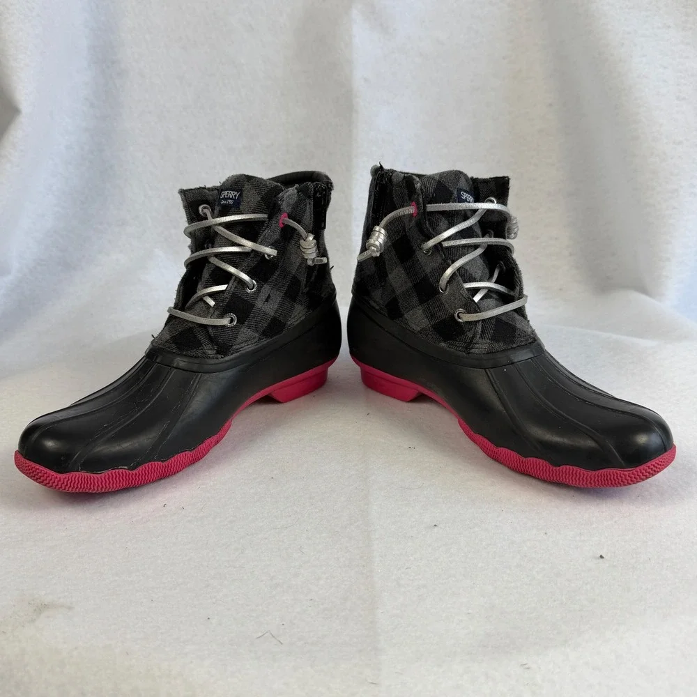 Sperry Saltwater Plaid Duck Boots Black Pink Waterproof Zip Side Kids‎ Size 4